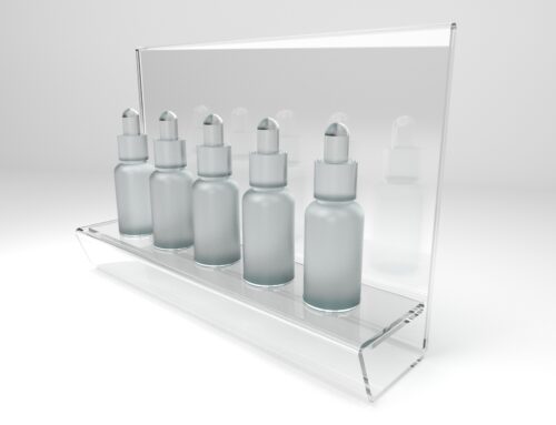 Transparent product display for dropp bottles, low